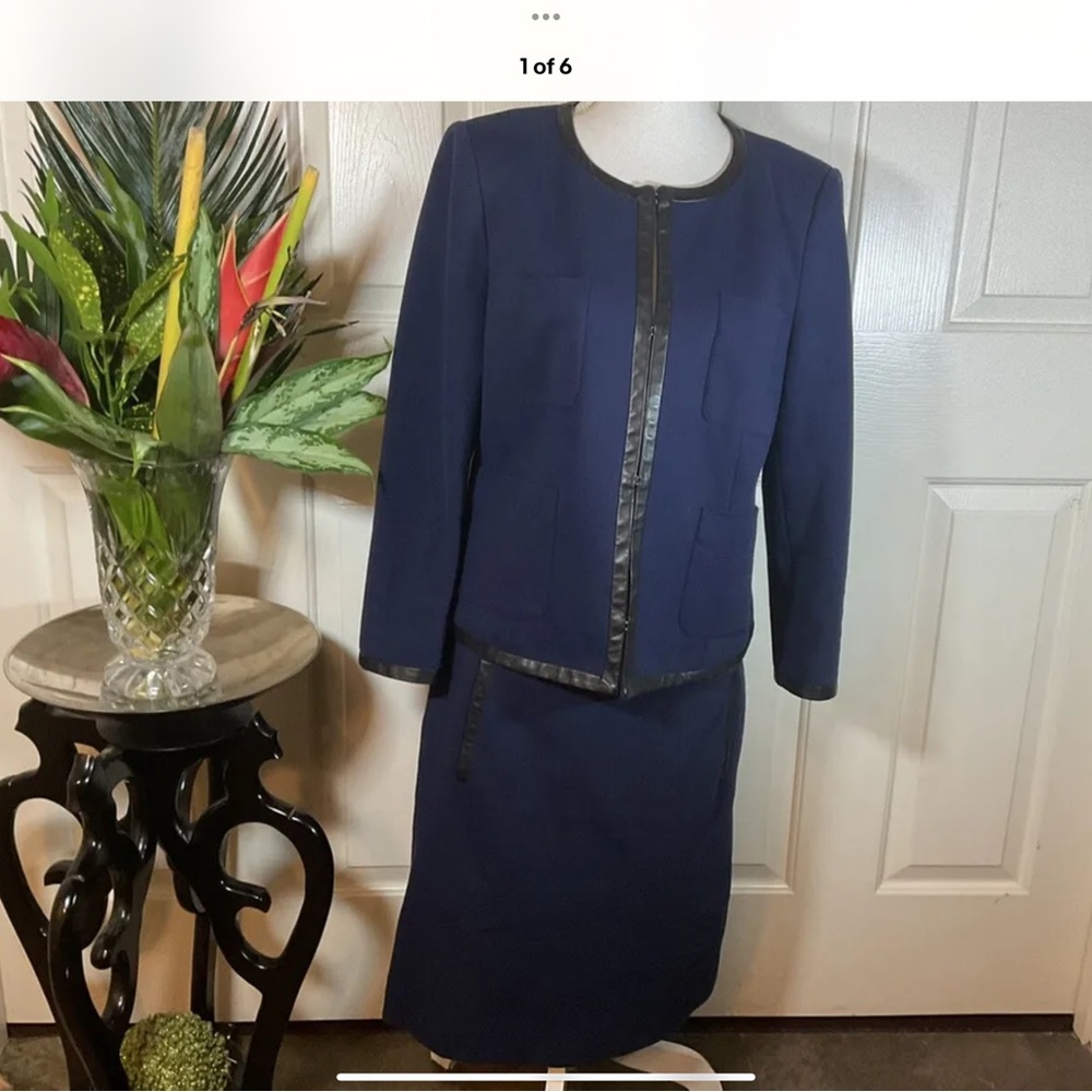 DKNY Donna Karan New York Navy lamb skin trim dress Suit Jacket Skirt Sz 14 ⭐️